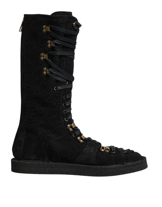 Black Alpaca Wool Suede Mid Calf Boots Shoes