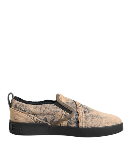 Beige Cotton Low Top Slip On Sneakers Shoes