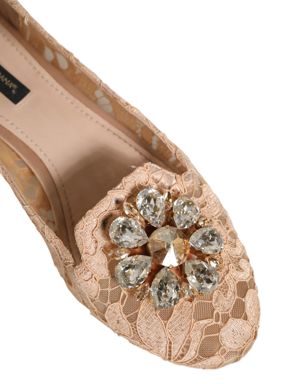 Beige Taormina Lace Crystals Flats Shoes