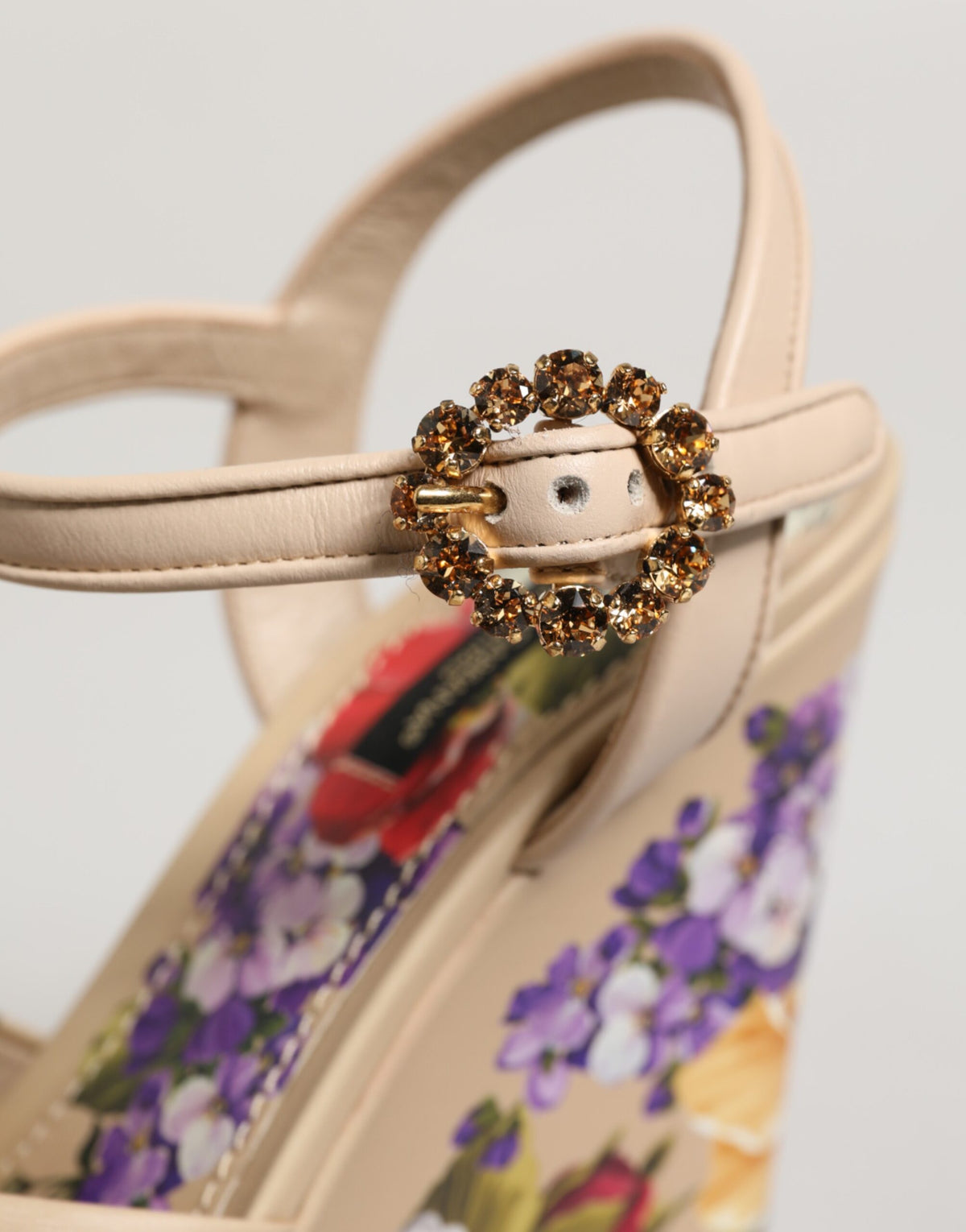 Beige Floral Ankle Strap Wedge Sandals Shoes