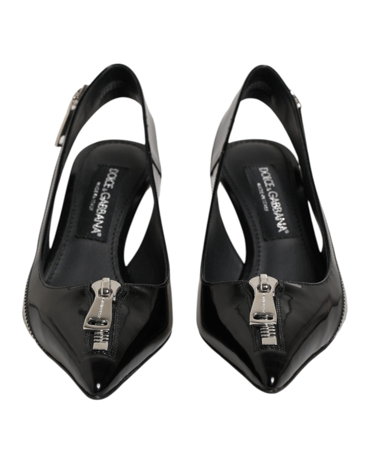 Black Zipper Leather Heels Slingbacks Shoes