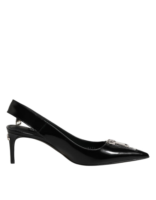 Black Zipper Leather Heels Slingbacks Shoes