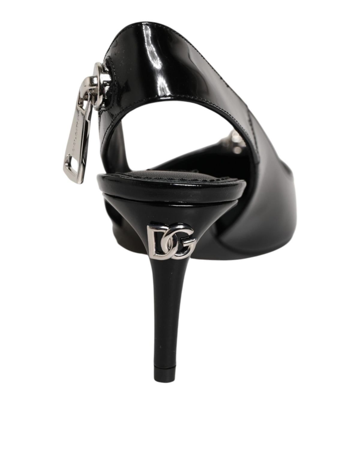 Black Zipper Leather Heels Slingbacks Shoes