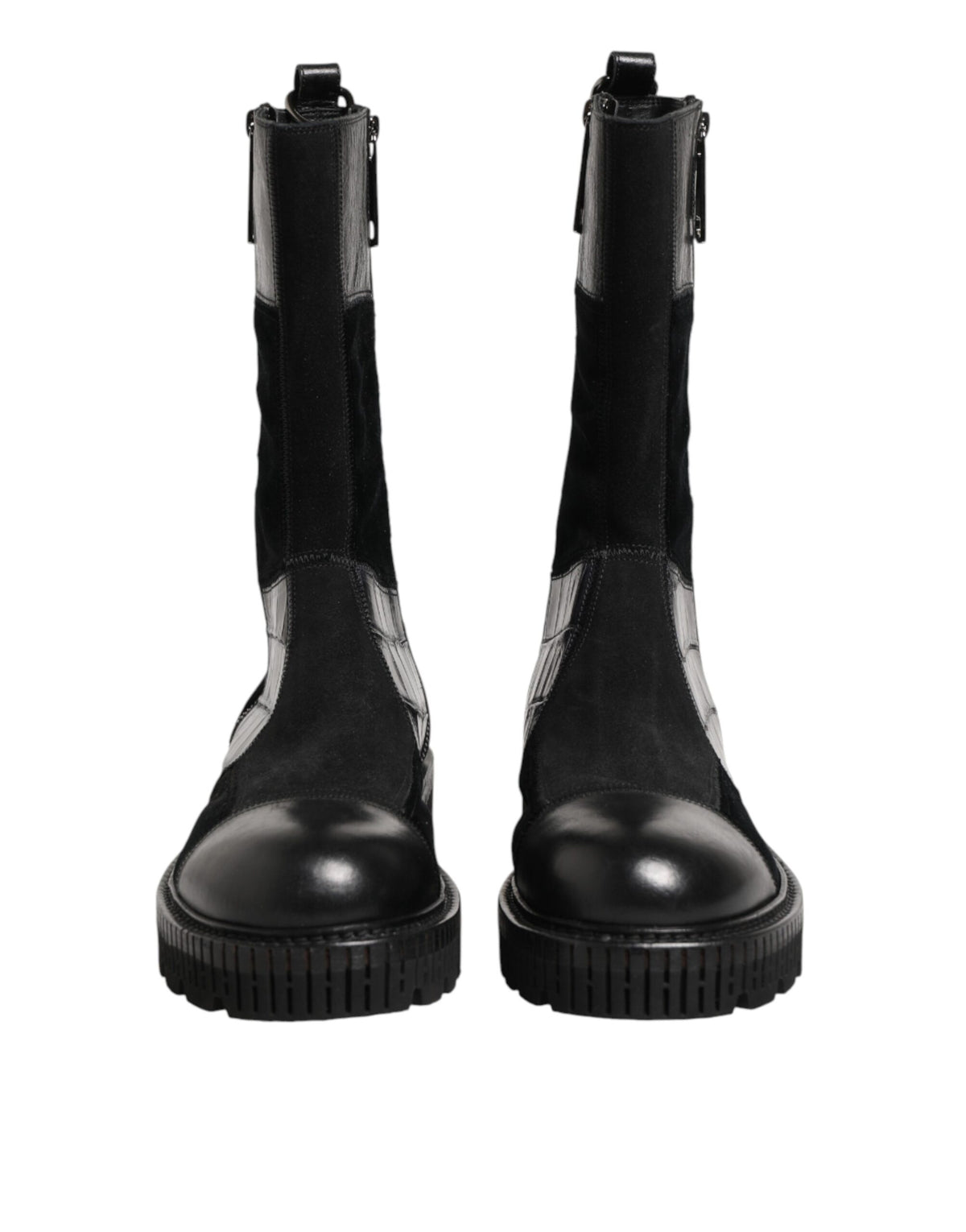 Black Patchwork Leather Mid Calf Boot  Shoes