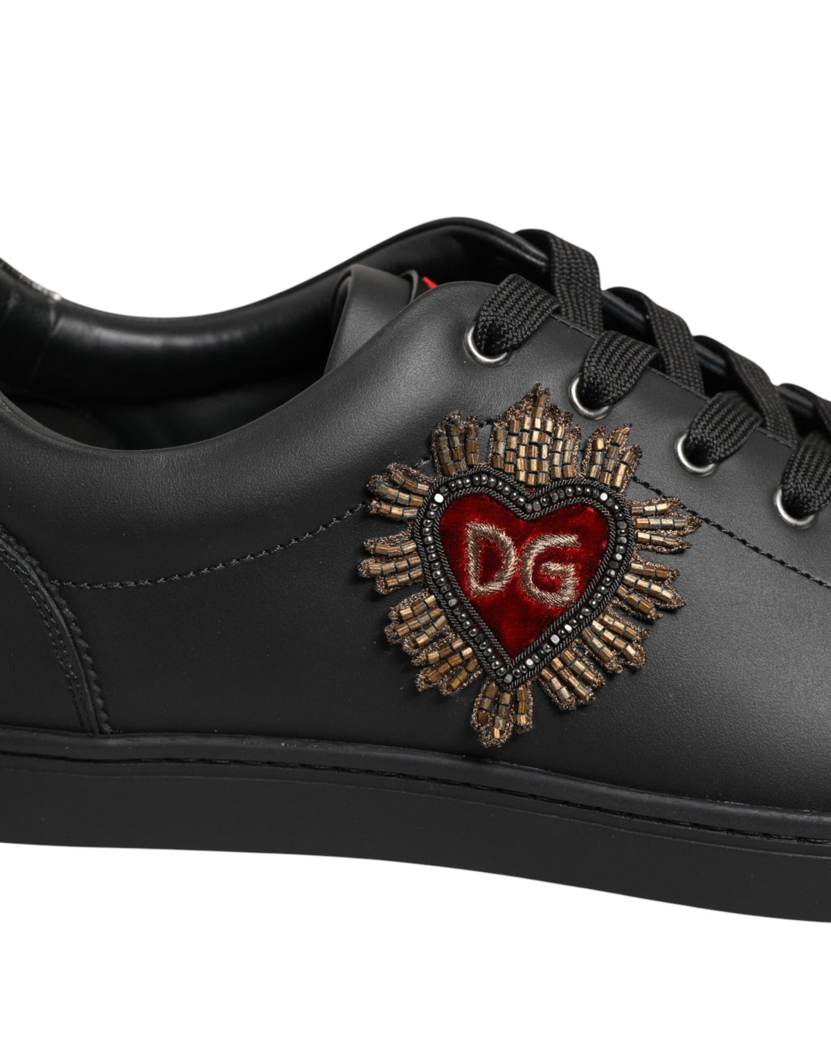 Black Leather Heart Embellished Sneakers Shoes
