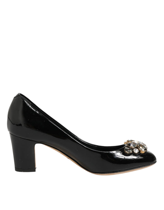 Black Leather Crystals Heels Pumps Shoes