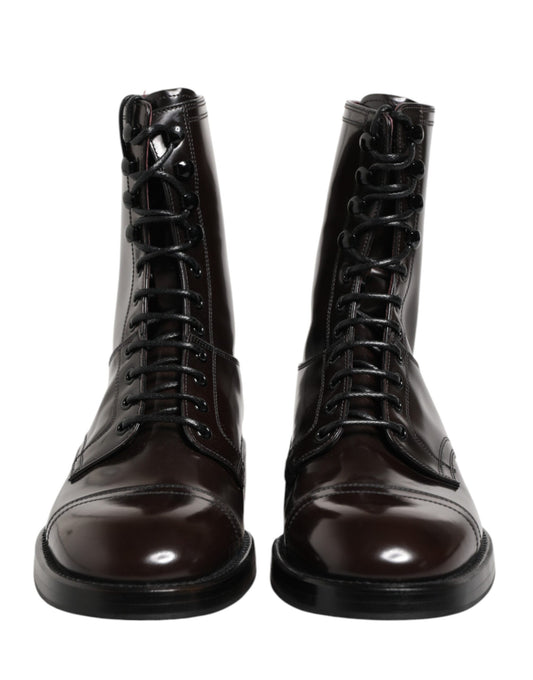 Brown Leather Lace Up Mid Calf Boots Shoes