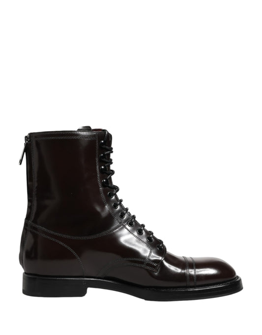 Brown Leather Lace Up Mid Calf Boots Shoes